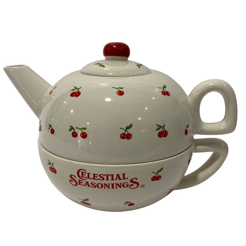 Celestial Seasonings Ceramic Teacup Cherry Design 3 Piece TEA FOR ONE TEA SET